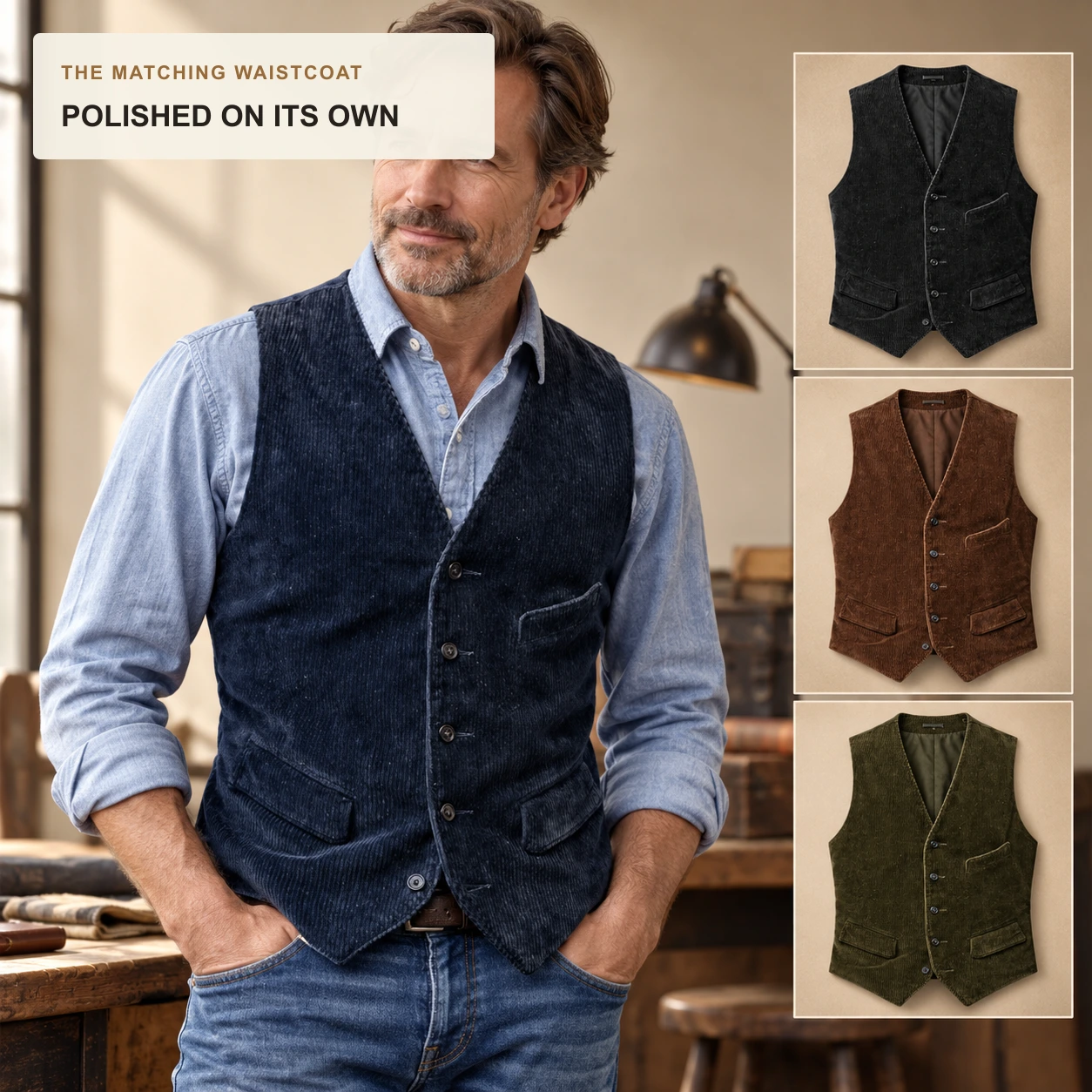 Mature American man wearing the dark blue corduroy waistcoat with black brown and army green options