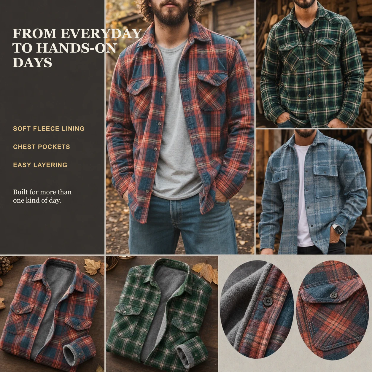 D-Brand Men's Plaid Print Fleece-Lined Button-Down Shirt with Pockets