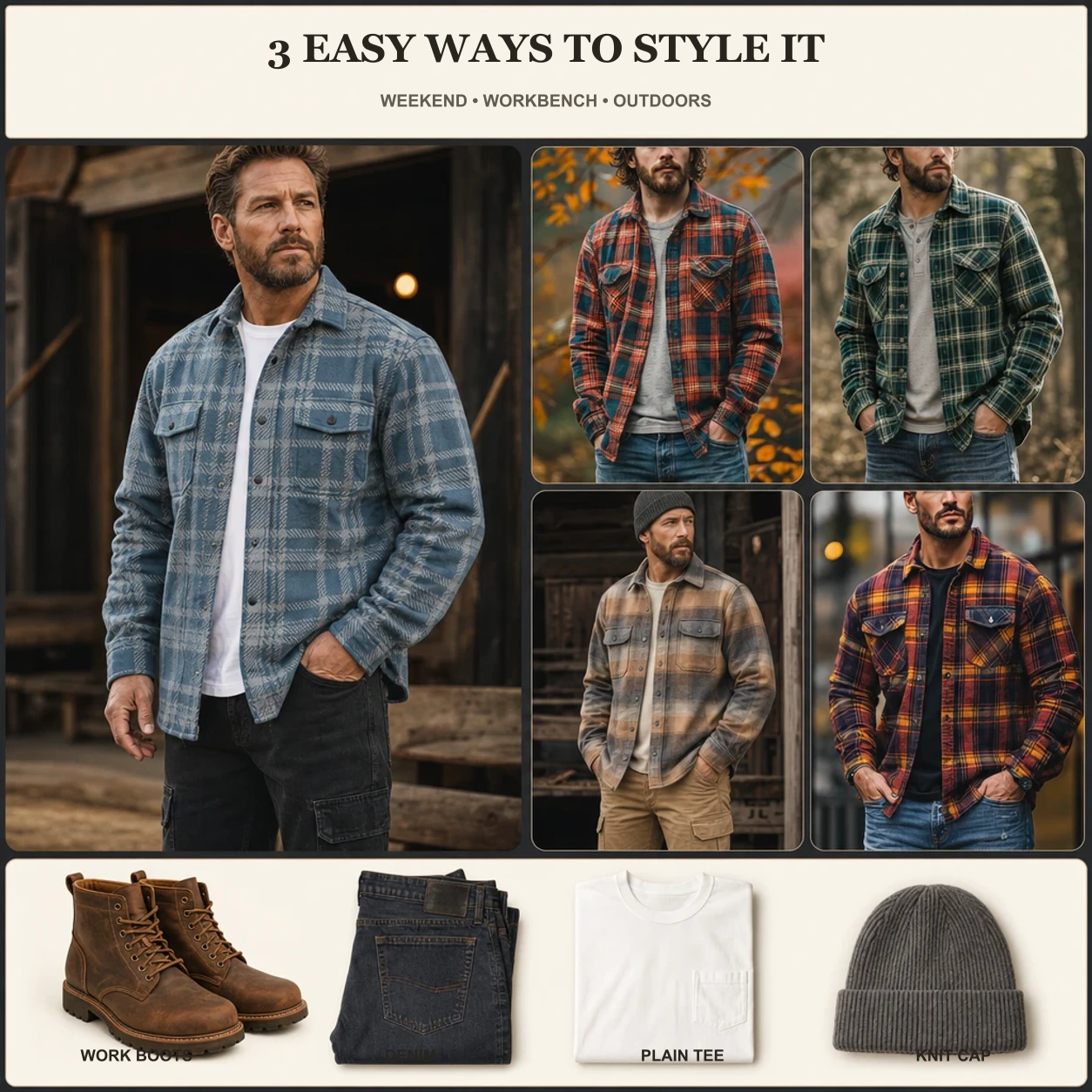 Styling ideas for plaid fleece-lined shirts