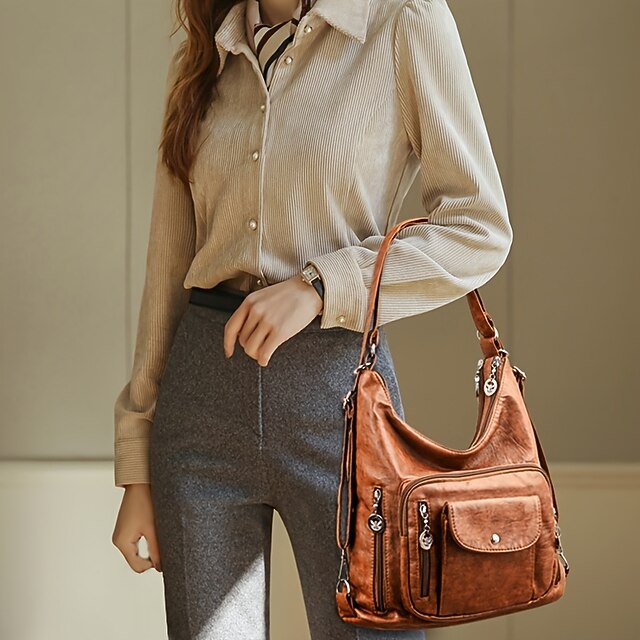 Women's Vintage-Style Brown Faux Leather Hobo Bag - Multi-Pocket Shoulder Bag for Everyday Use