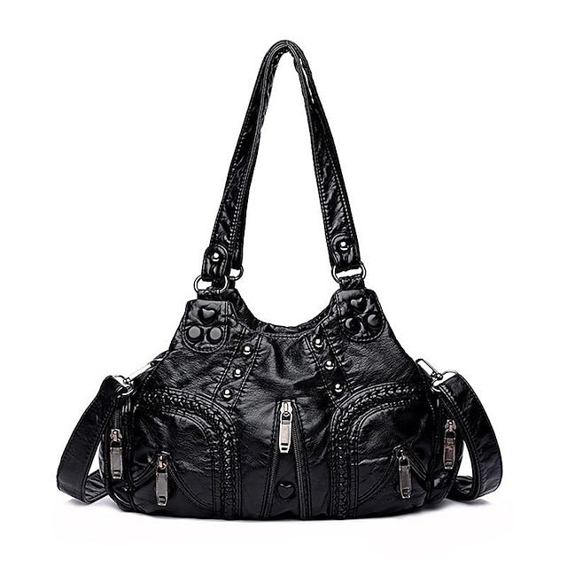 Women's Vintage Brown Leather Shoulder Bag - Stylish Multi-Pocket Handbag with Braided Detail and Zipper Accents for Everyday Use and Travel