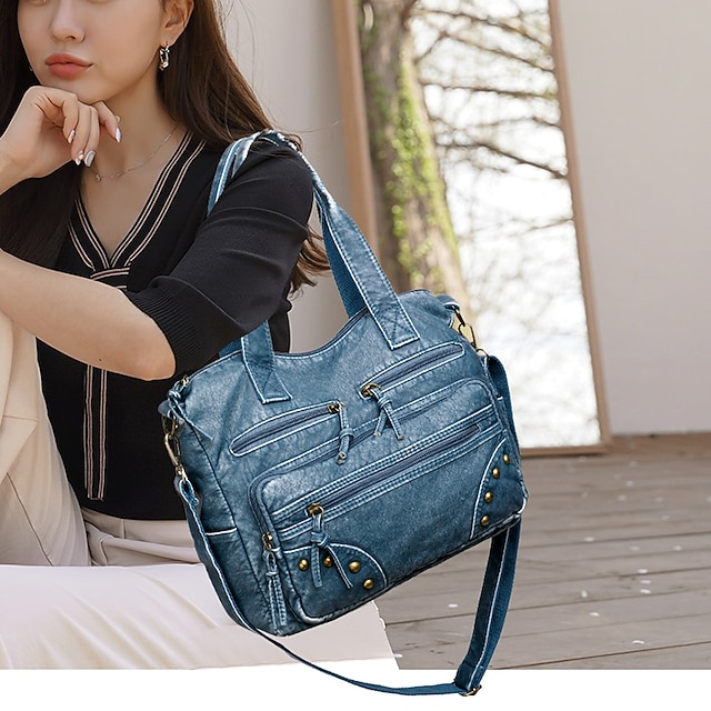 Women's Denim Blue Multi-Pocket Tote Bag - Casual Large Capacity Shoulder Bag for Daily Use and Travel
