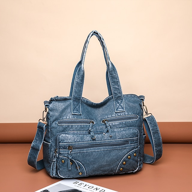 Women's Denim Blue Multi-Pocket Tote Bag - Casual Large Capacity Shoulder Bag for Daily Use and Travel