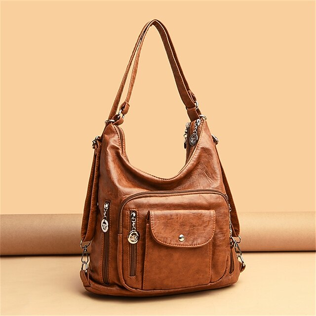 Women's Vintage-Style Brown Faux Leather Hobo Bag - Multi-Pocket Shoulder Bag for Everyday Use