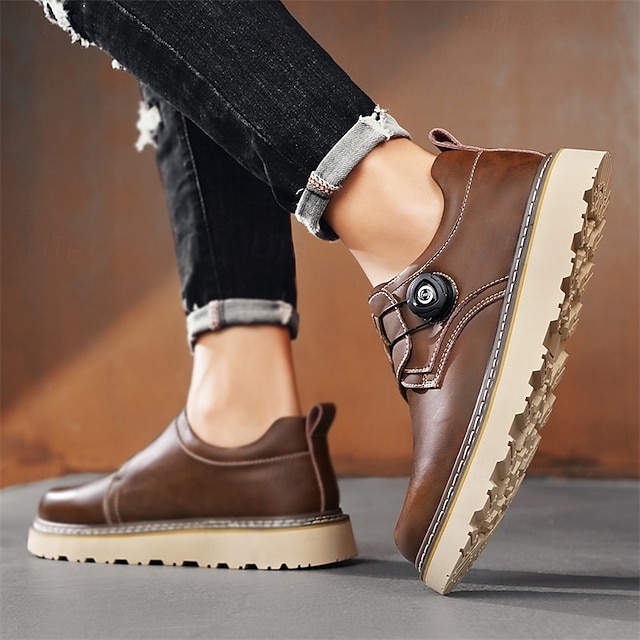Men's Brown Casual Work Shoes – Durable Non-Slip Sole, Easy Twist Lock Closure, Comfortable Low-Top Design for Daily Wear, Office, and Outdoor Activities