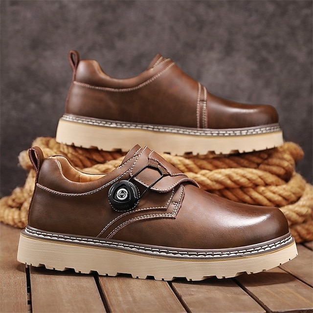 Men's Brown Casual Work Shoes – Durable Non-Slip Sole, Easy Twist Lock Closure, Comfortable Low-Top Design for Daily Wear, Office, and Outdoor Activities