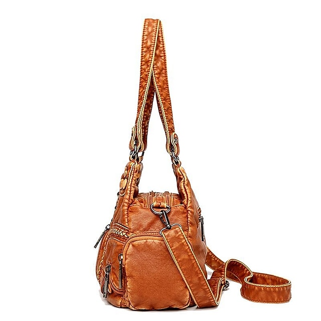 Women's Vintage Brown Leather Shoulder Bag - Stylish Multi-Pocket Handbag with Braided Detail and Zipper Accents for Everyday Use and Travel