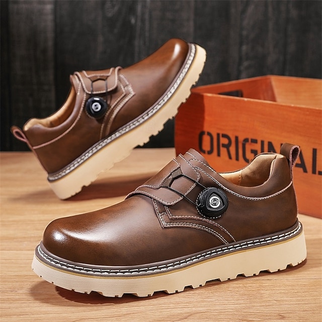 Men's Brown Casual Work Shoes – Durable Non-Slip Sole, Easy Twist Lock Closure, Comfortable Low-Top Design for Daily Wear, Office, and Outdoor Activities