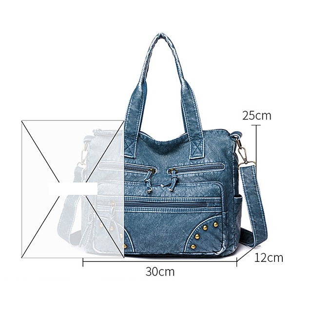 Women's Denim Blue Multi-Pocket Tote Bag - Casual Large Capacity Shoulder Bag for Daily Use and Travel