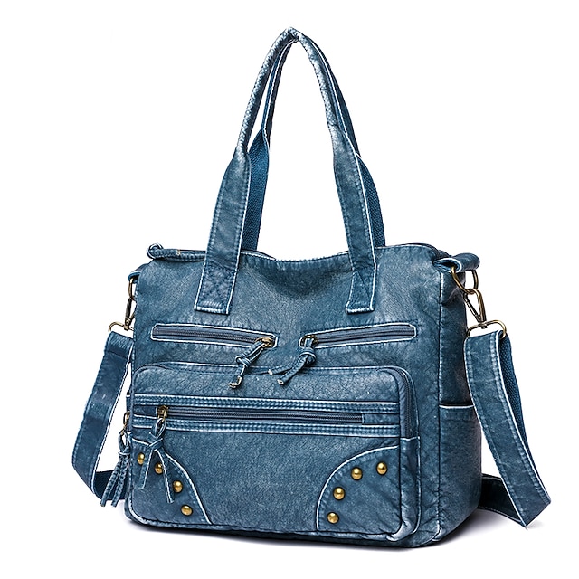 Women's Denim Blue Multi-Pocket Tote Bag - Casual Large Capacity Shoulder Bag for Daily Use and Travel