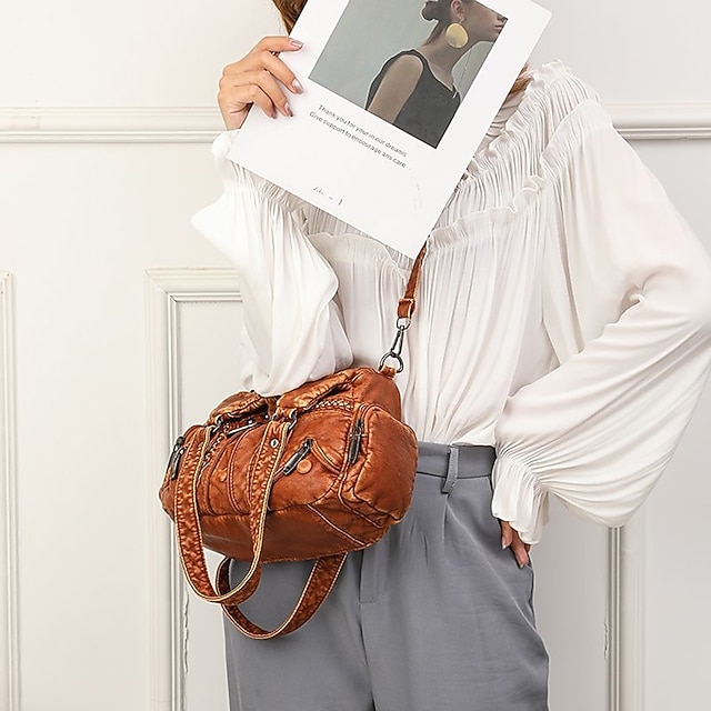 Women's Vintage Brown Leather Shoulder Bag - Stylish Multi-Pocket Handbag with Braided Detail and Zipper Accents for Everyday Use and Travel