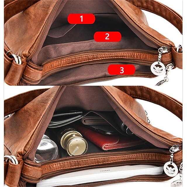 Women's Vintage-Style Brown Faux Leather Hobo Bag - Multi-Pocket Shoulder Bag for Everyday Use