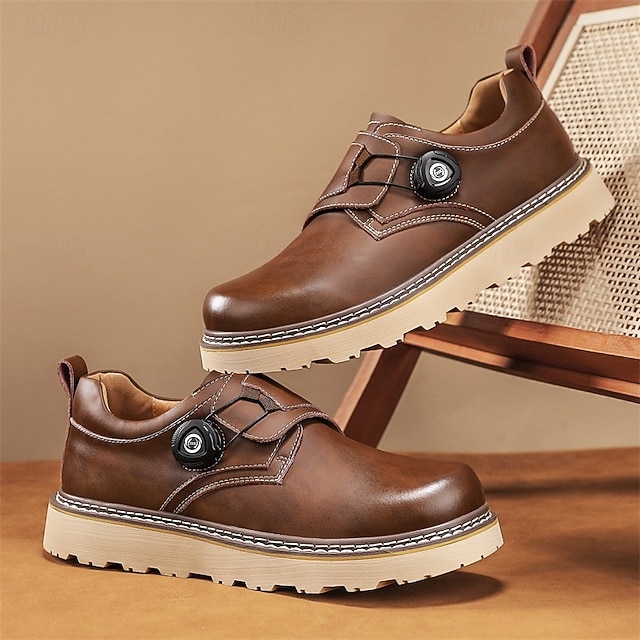 Men's Brown Casual Work Shoes – Durable Non-Slip Sole, Easy Twist Lock Closure, Comfortable Low-Top Design for Daily Wear, Office, and Outdoor Activities