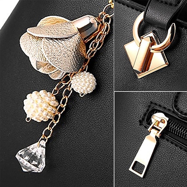 Women's Elegant White Leather Handbag with Gold Hardware and Floral Charm - Stylish Shoulder Bag for Daily Use and Special Occasions