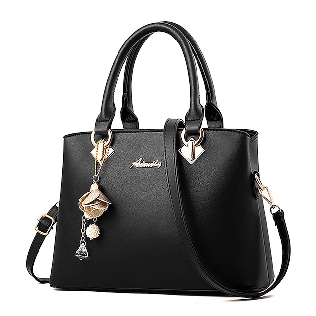 Women's Elegant White Leather Handbag with Gold Hardware and Floral Charm - Stylish Shoulder Bag for Daily Use and Special Occasions