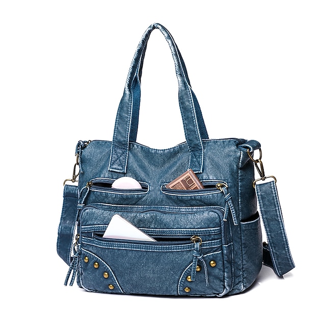 Women's Denim Blue Multi-Pocket Tote Bag - Casual Large Capacity Shoulder Bag for Daily Use and Travel