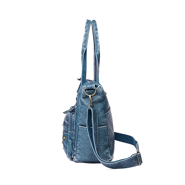 Women's Denim Blue Multi-Pocket Tote Bag - Casual Large Capacity Shoulder Bag for Daily Use and Travel