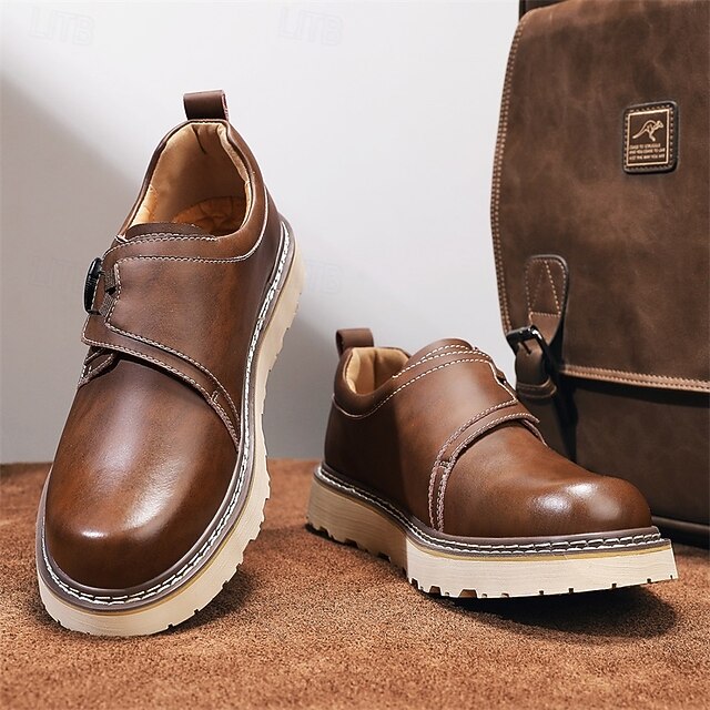 Men's Brown Casual Work Shoes – Durable Non-Slip Sole, Easy Twist Lock Closure, Comfortable Low-Top Design for Daily Wear, Office, and Outdoor Activities