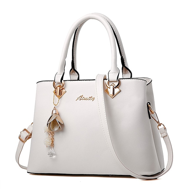 Women's Elegant White Leather Handbag with Gold Hardware and Floral Charm - Stylish Shoulder Bag for Daily Use and Special Occasions
