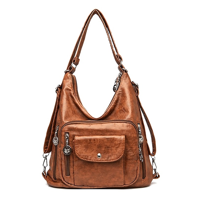 Women's Vintage-Style Brown Faux Leather Hobo Bag - Multi-Pocket Shoulder Bag for Everyday Use