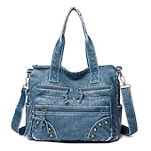 Women's Denim Blue Multi-Pocket Tote Bag - Casual Large Capacity Shoulder Bag for Daily Use and Travel