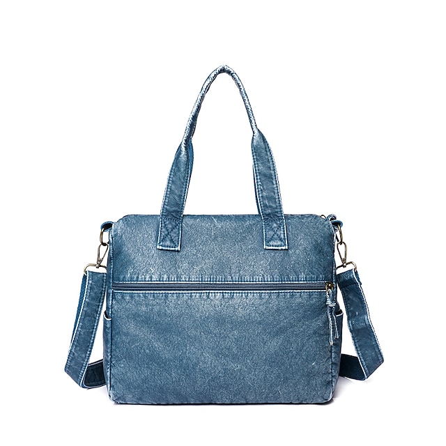 Women's Denim Blue Multi-Pocket Tote Bag - Casual Large Capacity Shoulder Bag for Daily Use and Travel