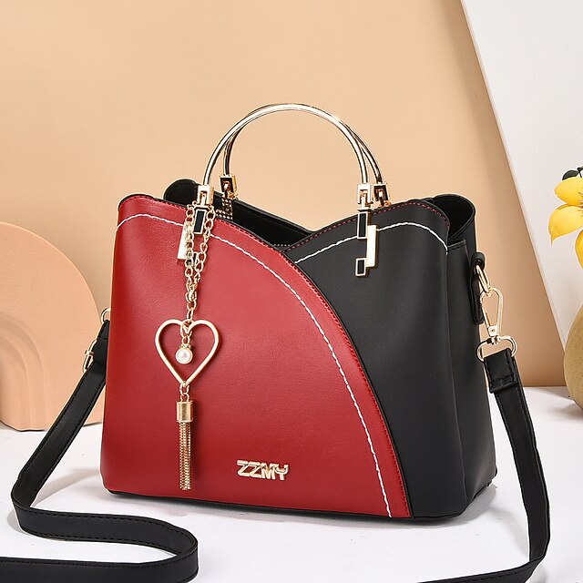 Women's Navy Blue and Pink Handbag with Heart Tassel Charm – Elegant Faux Leather Crossbody and Tote Bag for Everyday Use