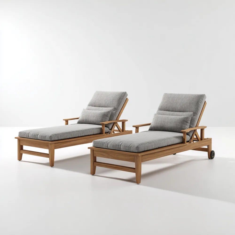 Chaise longue de jardin en bois d'eucalyptus avec coussins - 200x65x35 cm - Gris/Bois Naturel - Design moderne