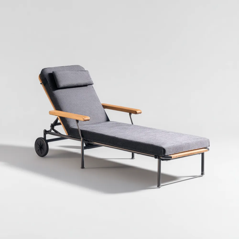 Chaise longue de jardin en métal et bois 200x65x35 cm - Gris Foncé - Design Moderne