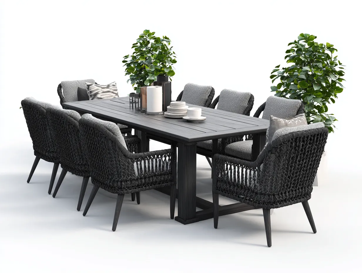 Set da pranzo da esterno-metallo-rattan sintetico-tessuto-220x100x75 cm-Nero-Grigio-design contemporaneo-Loftgetbay
