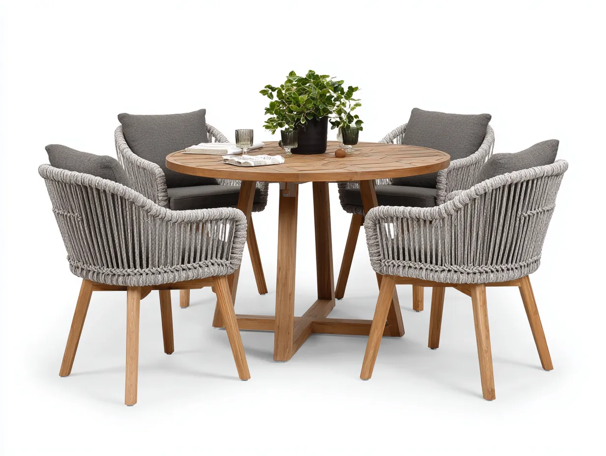 Set da pranzo da esterno-legno-rattan sintetico-120x120x75 cm-Naturale-Grigio-design moderno-Loftgetbay