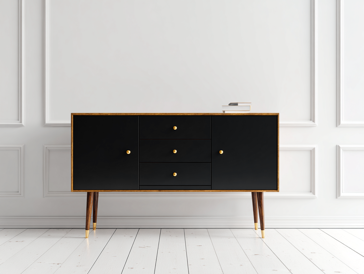 Dielenschrank Holz Metall 160x40x75 cm - Schwarz-Naturholz - modernes Design-Pineuppad