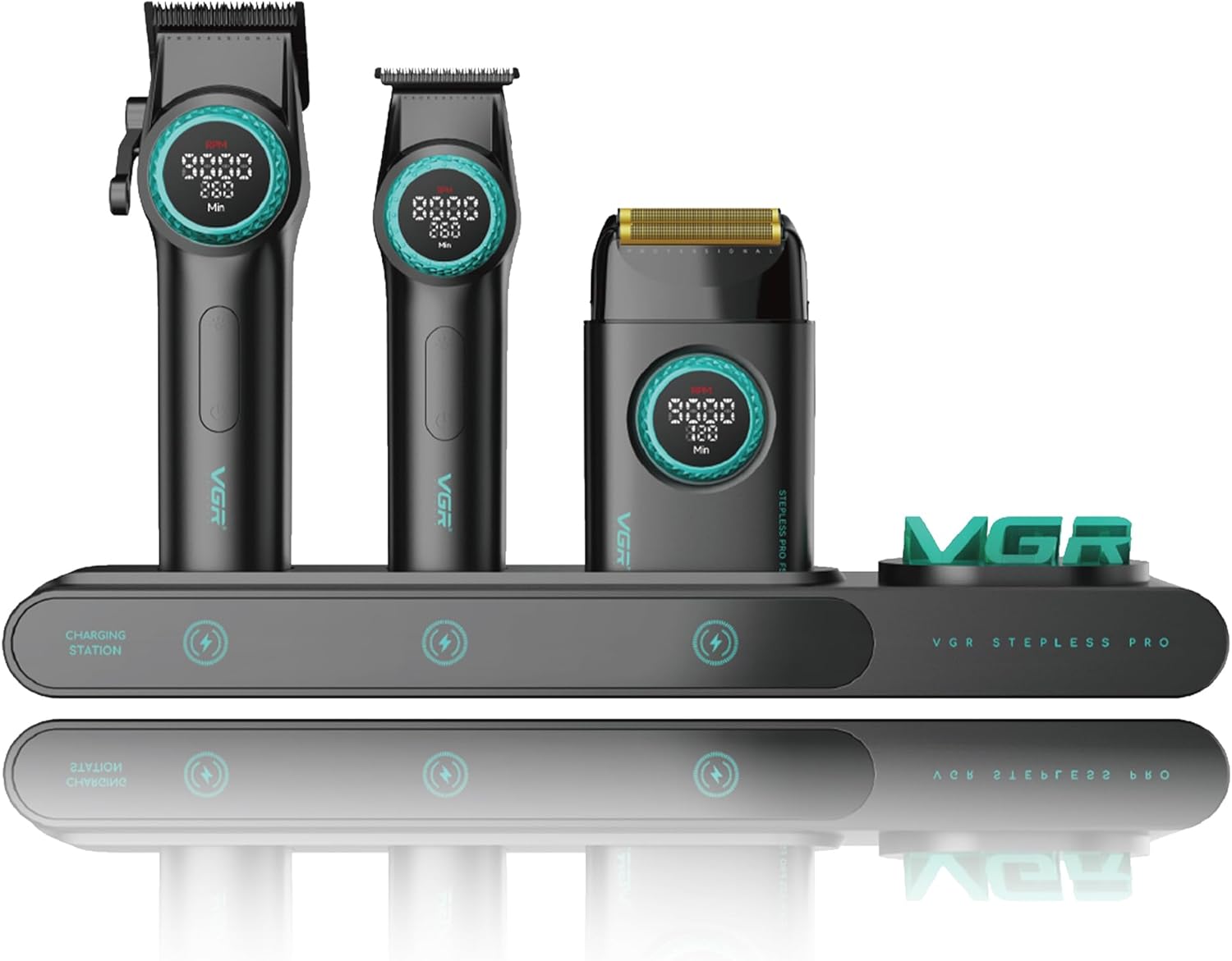 VGR 3-in-1 Haarschneidemaschine Profi Set Herren mit Haarschneider, Trimmer und Rasierer, verbesserter Motor, integrierte Ladestation, LED Display, wiederaufladbar, Aufbewahrungsbox, Schwarz-Pineuppad