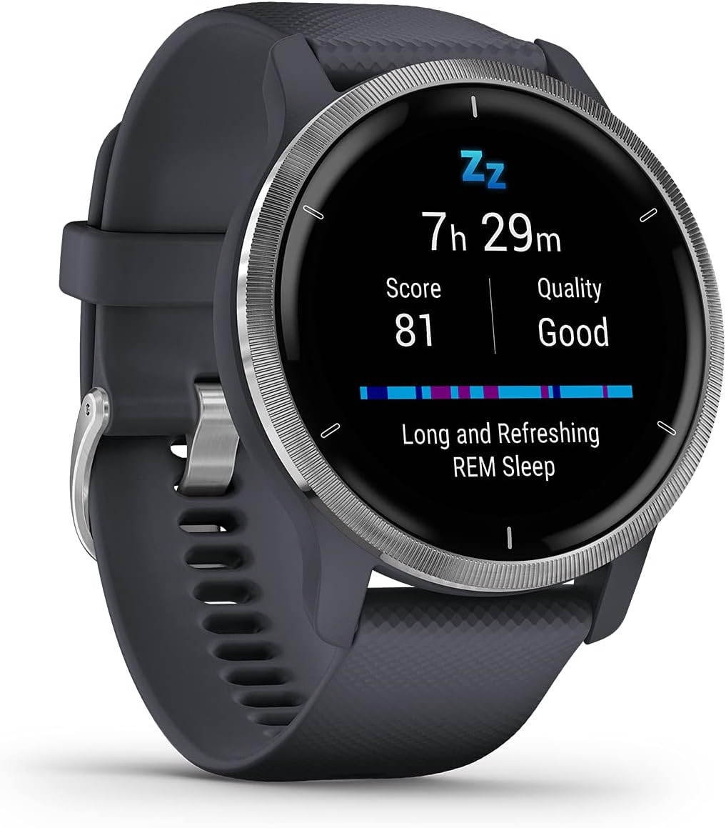 Garmin Venu 2 Renewed GPS Fitness Smartwatch 1,3 Zoll AMOLED Touchdisplay, über 25 Sport Apps, Garmin Music, Garmin Pay, Gesundheits- und Fitnessfunktionen, Bluetooth, WLAN, integriertes GPS, Granitblau Silber mit Silikonarmband-Pineuppad