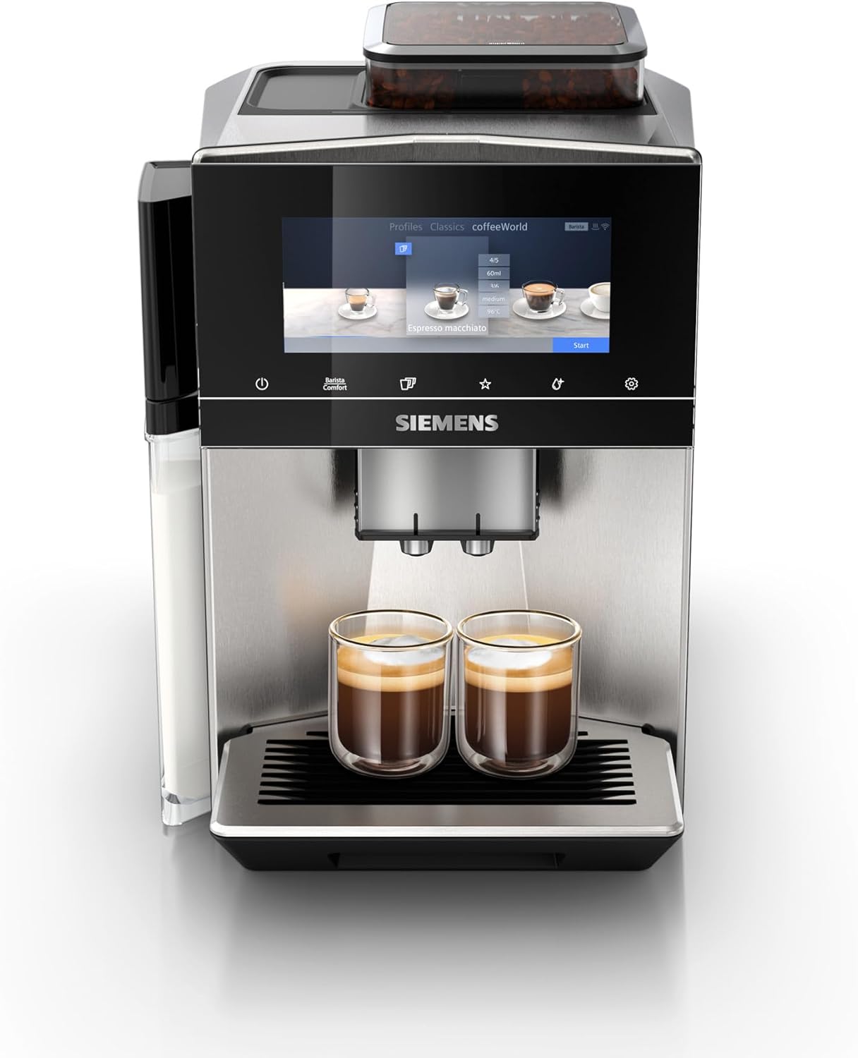 Siemens Kaffeevollautomat EQ900 plus TQ905DZ3 Edelstahl 2.3L Wassertank – Full Touch Display App Steuerung Individueller Mahlgrad 36 Internationale Kaffeespezialitäten-Pineuppad