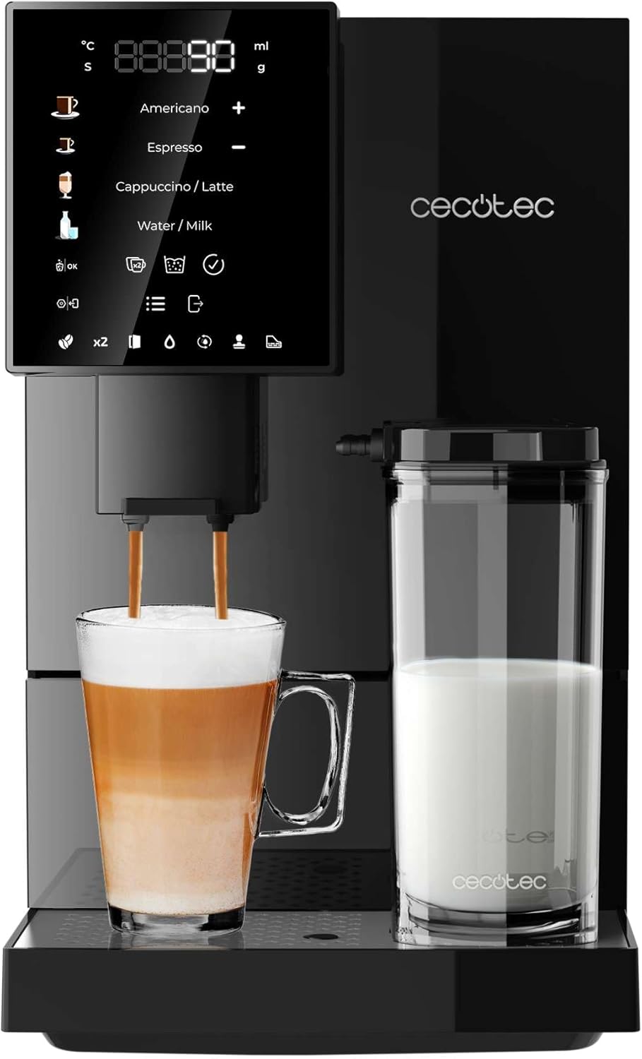 Cecotec Cremmaet Compactccino Black Kaffeevollautomat 19 Bar Thermoblock System 1.1L Wassertank – Integrierte Kaffeemühle Plug and Play Frisch gemahlene Bohnen Milchsystem-Pineuppad