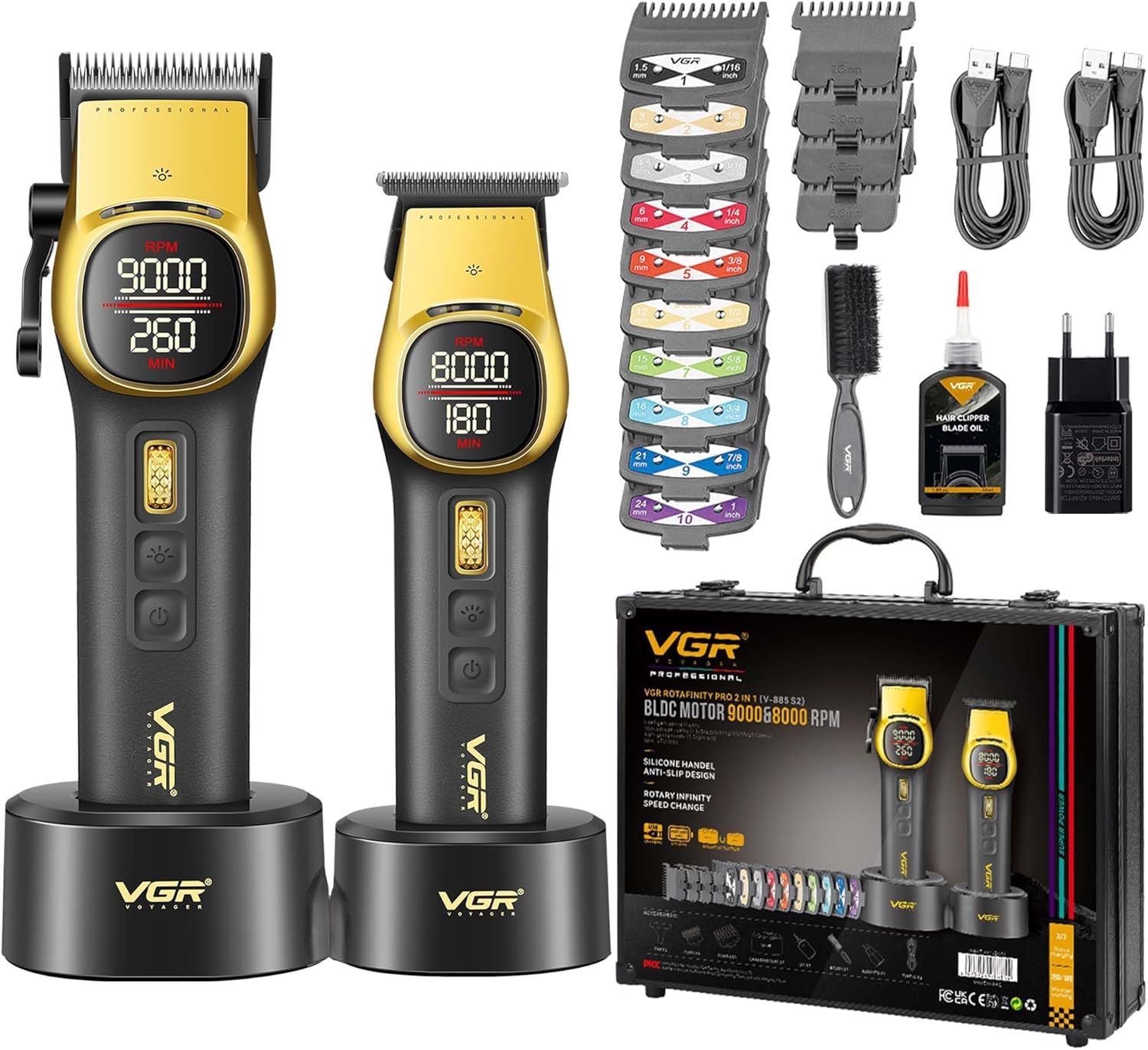 VGR 885 S2 Profi Haarschneidemaschine Herren Set, kabelloser Haarschneider und Trimmer, DLC Keramikklingen, 21-Gang Einstellrad, 2 Magnetladestationen, LED Anzeige, wiederaufladbar, Gold-Pineuppad