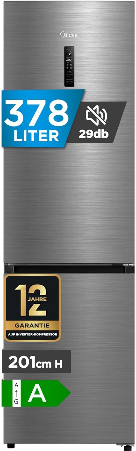 Midea Kühl Gefrier Kombination 378 L – 201 cm – NoFrost – Inverter Kompressor – 29 dB besonders leise – bru stahl MDRB521MGA46O-Pineuppad