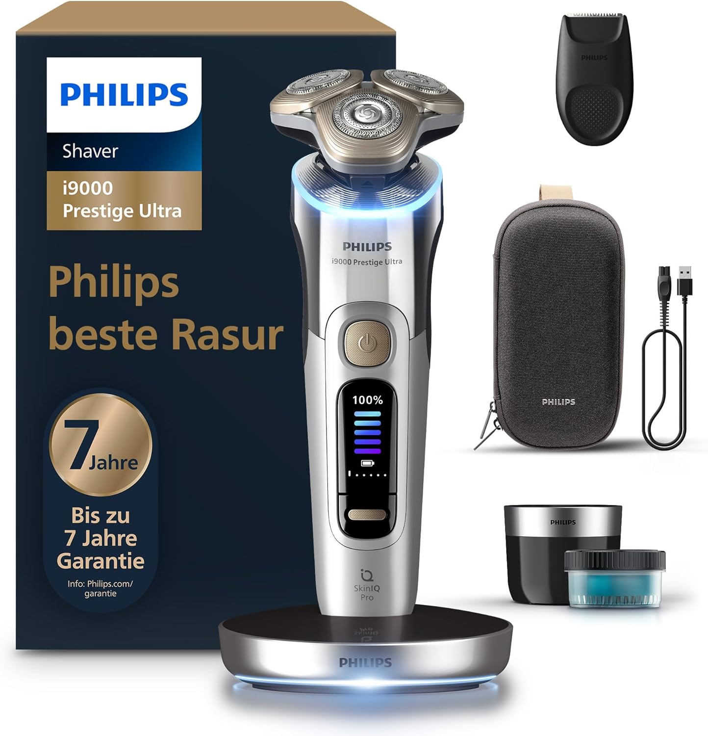 Philips i9000 Prestige Ultra Elektrorasierer Herren XP9404/31 Nass- und Trockenrasierer mit Druck- und Bewegungssensor, Trimmeraufsatz, Reinigungsstation, Ladestation, Reiseetui, 60 Min Akkulaufzeit, Titanium-Klingen, Chrom Schwarz-Pineuppad