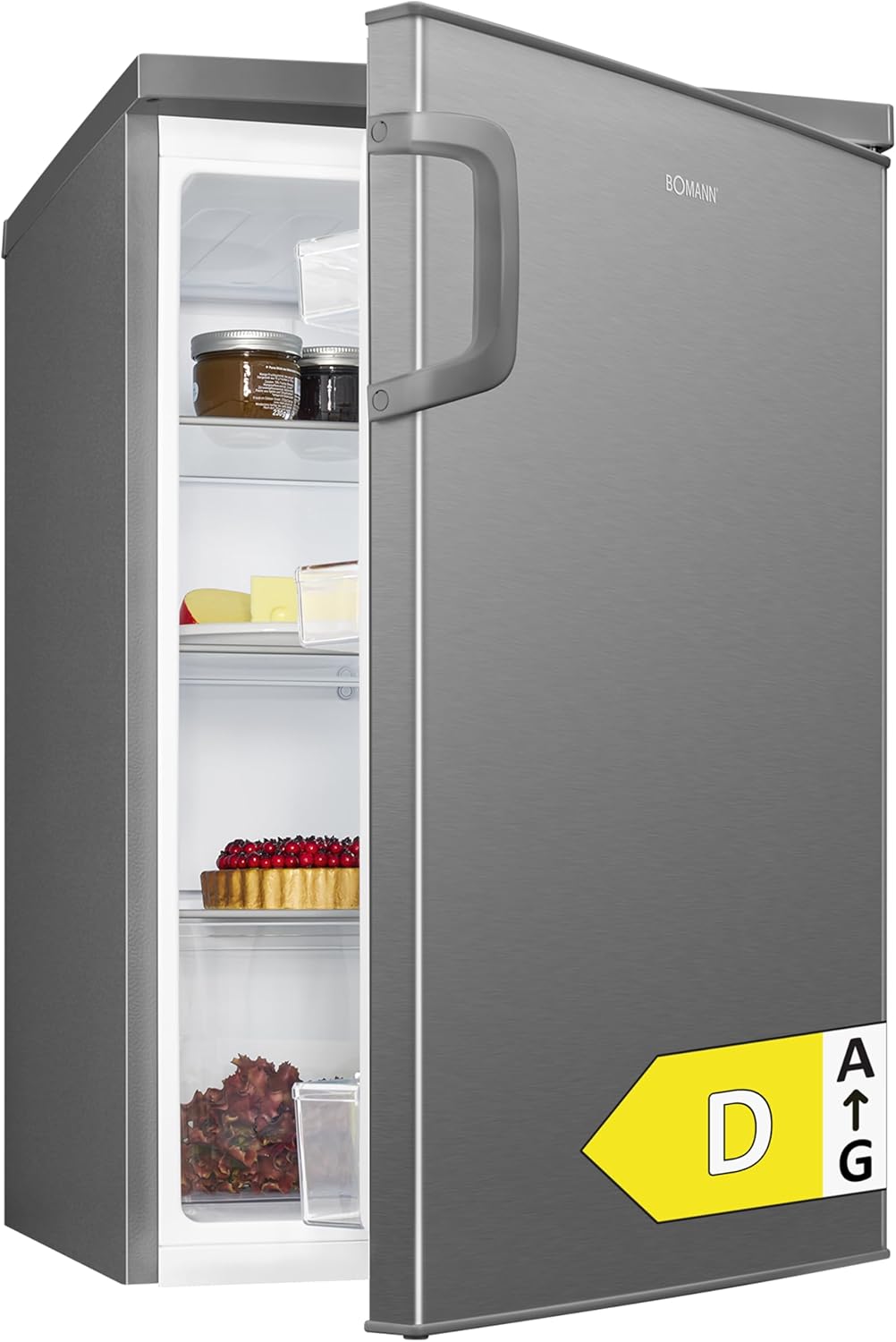 Kühlschrank ohne Gefrierfach 133 L - 57,5 x 56 x 84,5 cm - Inox - Freistehender Kühlschrank klein mit Gemüsefach LED Beleuchtung leise 39 dB-Pineuppad