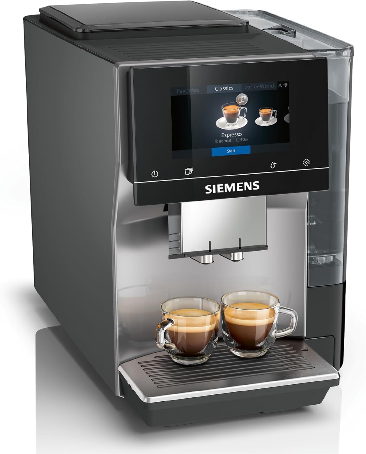 Siemens Kaffeevollautomat EQ700 classic TP715D01 - Großes farbiges TFT-Display, 36 Heiß- und Kaltgetränke, Cold Brew, 10 Favoriten, 2-Tassen-Funktion, App-Steuerung, automatisches Reinigungsystem - Silber/Grau-Pineuppad