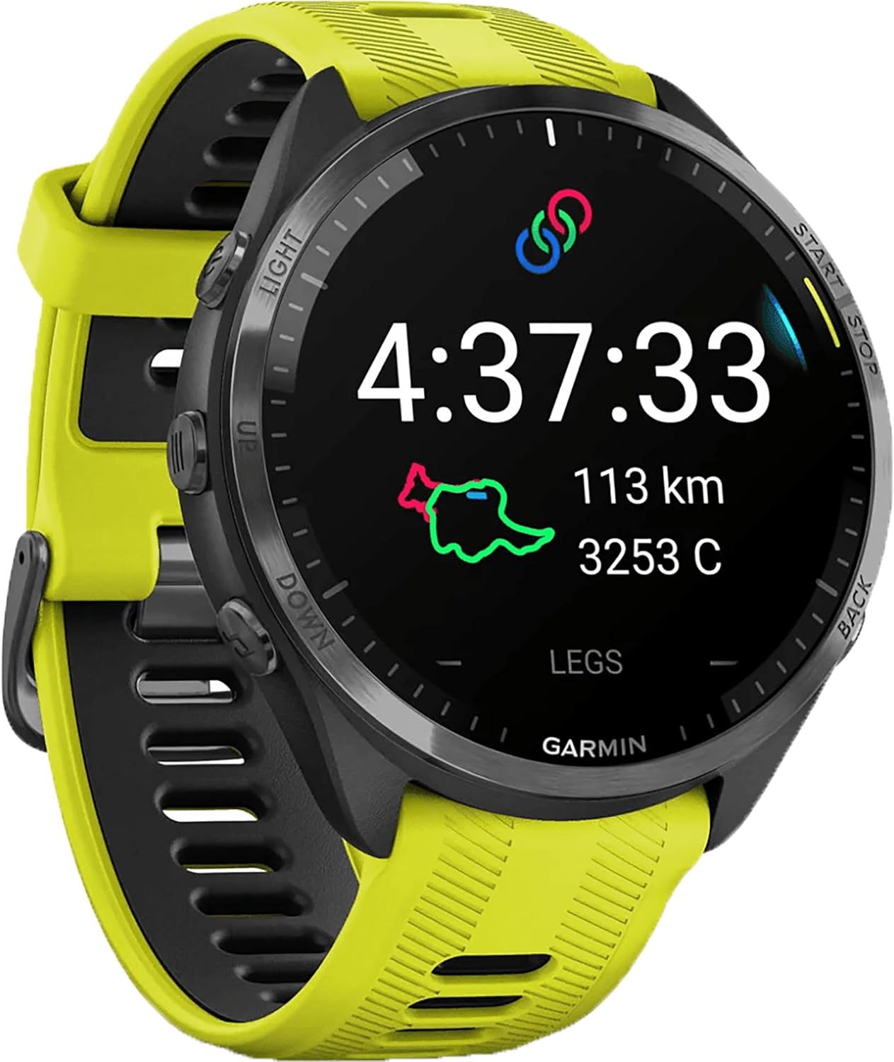 Garmin Forerunner 965 GPS Smartwatch Titan DLC zitronengelb schwarz AMOLED Fitnessuhr mit Bluetooth und integriertem GPS-Pineuppad