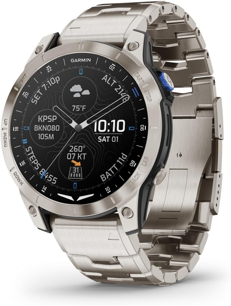 Garmin D2 Mach 1 Aviator Smartwatch mit Vented Titan Armband, Titan und Silikon Gehäuse, GPS Navigation, Wetterinformationen, HSI Routennadel, Gesundheitsüberwachung, Bluetooth, klassisches Design-Pineuppad