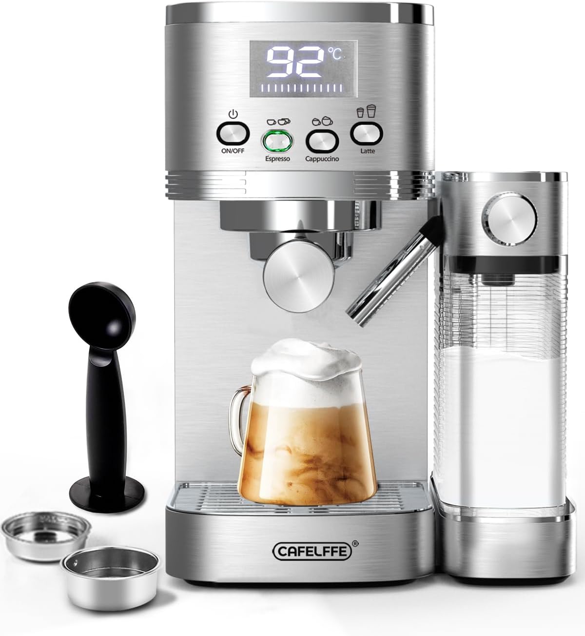 CAFELFFE 6 in 1 Espressomaschine Siebträgermaschine mit Milchtank 1.3L Edelstahl Silber – Automatische Cappuccinomaschine Selbstreinigung 3 Temperaturstufen Milchaufschäumer Tassenwärmer-Pineuppad