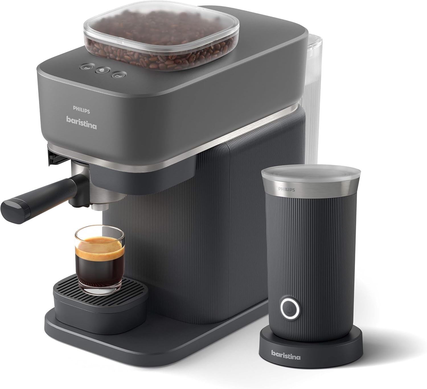 PHILIPS Baristina Espressomaschine & Milchaufschäumer Paket BAR303/60 - Automatisches Mahlen, Tampen & Brühen, 16 Bar, Kaffeemaschine mit Mahlwerk und Siebträger, leichte Reinigung - Schwarz/Grau-Pineuppad