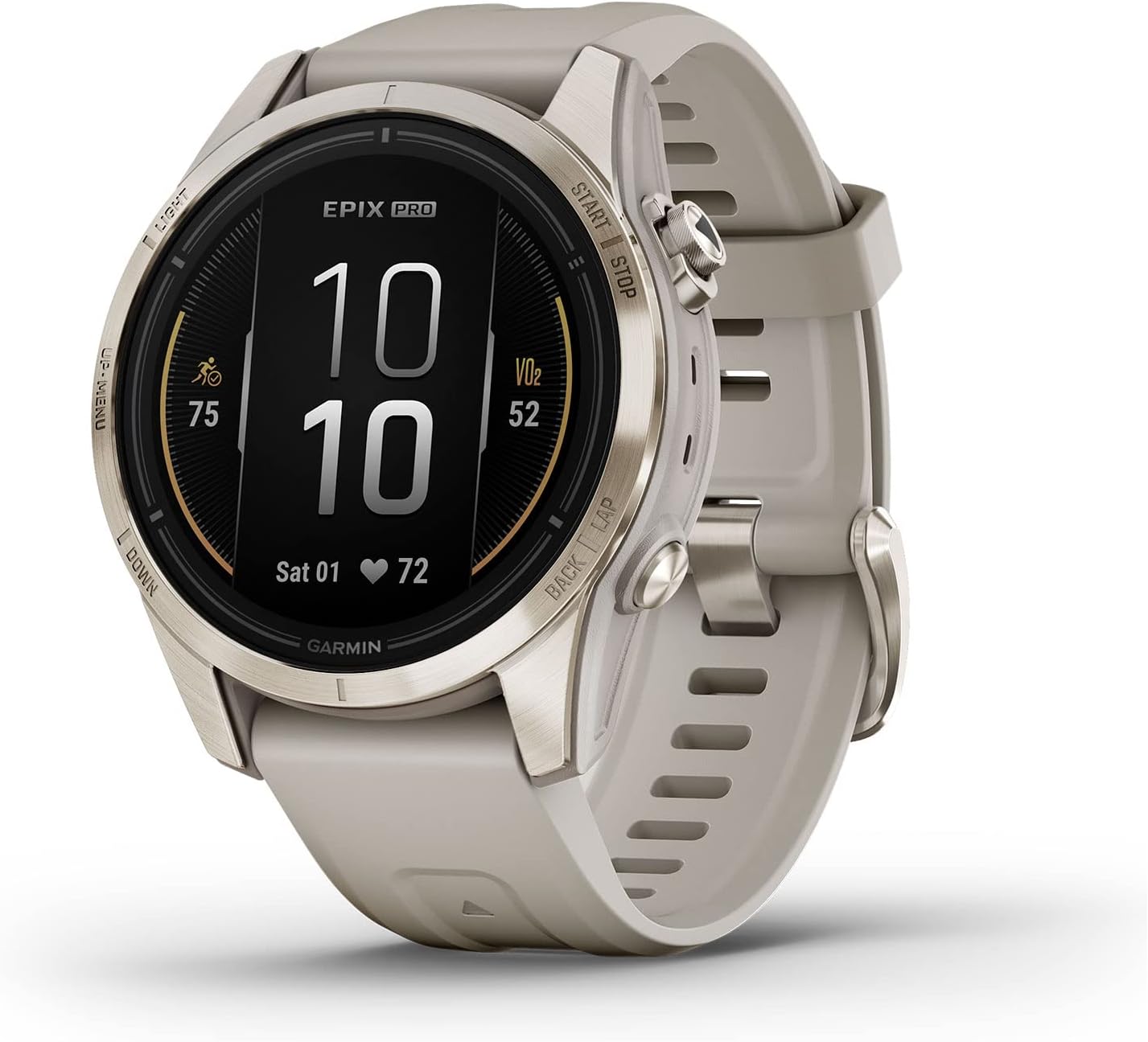 Garmin epix Pro Gen 2 Sapphire Edition Smartwatch 42mm mit GPS, AMOLED Display, integrierte LED-Taschenlampe, fortschrittliche Trainingstechnologie, Bluetooth, WLAN & USB, Sandfarben-Pineuppad