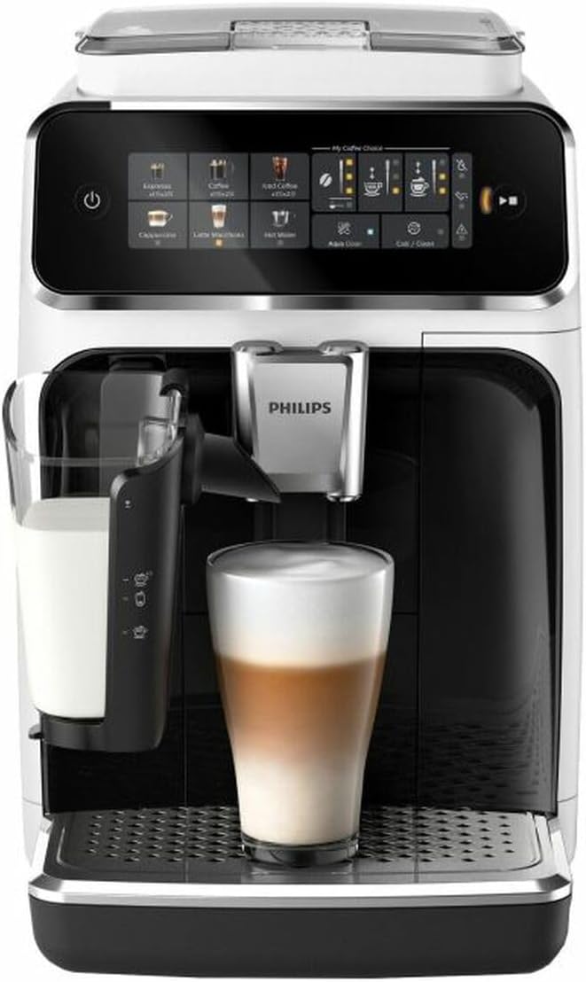Kaffeevollautomat mit LatteGo Milchsystem und Keramikmahlwerk 1.8 L Weiß - Farb Touchscreen Display - 6 Getränkeprogramme - AquaClean Filter - SilentBrew - 43.3 x 24.6 x 37.1 cm-Pineuppad
