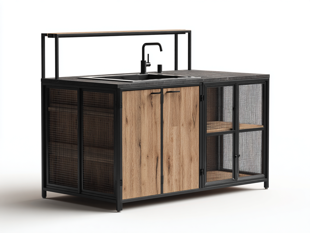 Outdoor Kücheninsel mit Spuele 180x70x90 cm - braun-schwarz - fuer Garten und Terrasse - industrielles Design-Pineuppad