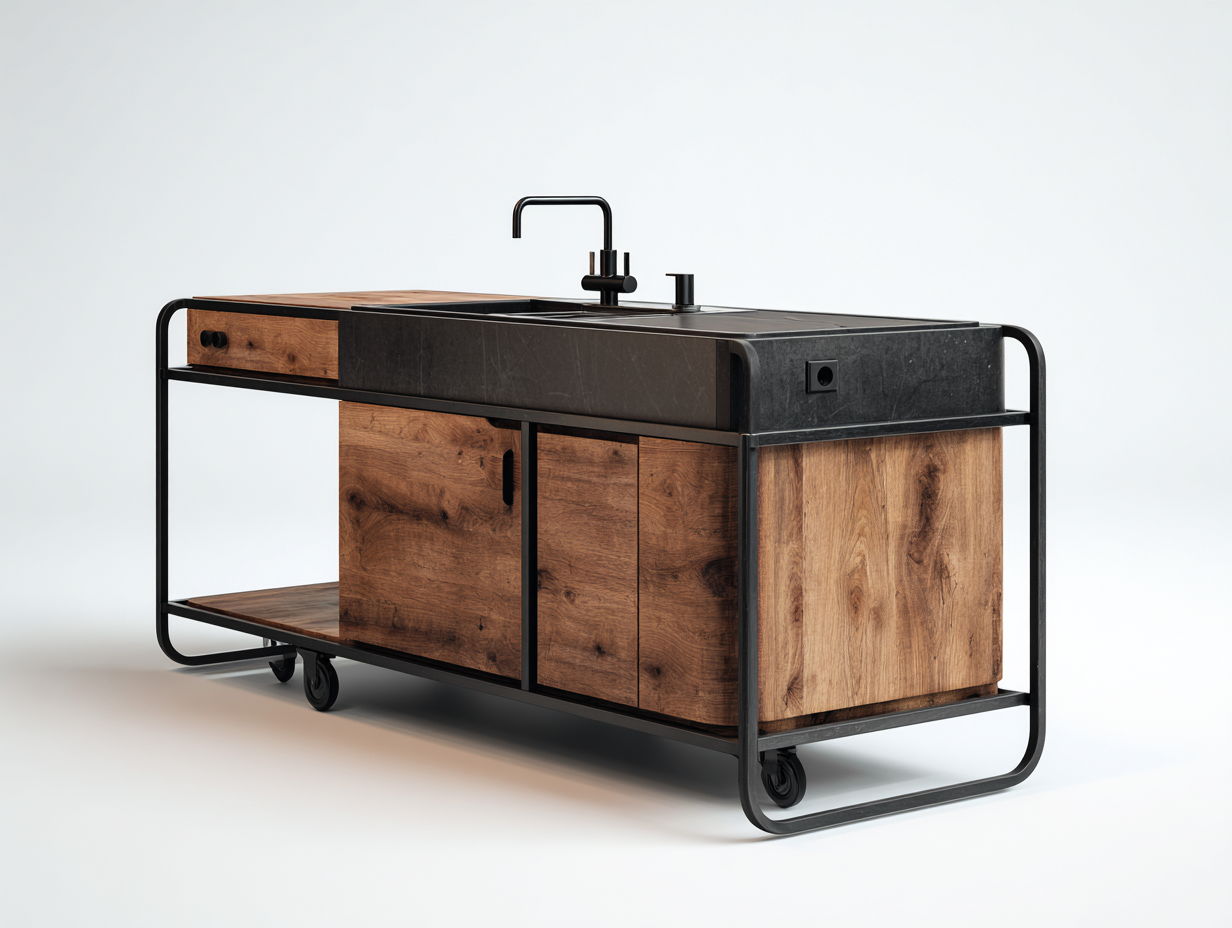 Outdoor Kücheninsel mit Spüle 180x70x90 cm - Massivholz Metall - industrielles Design-Pineuppad