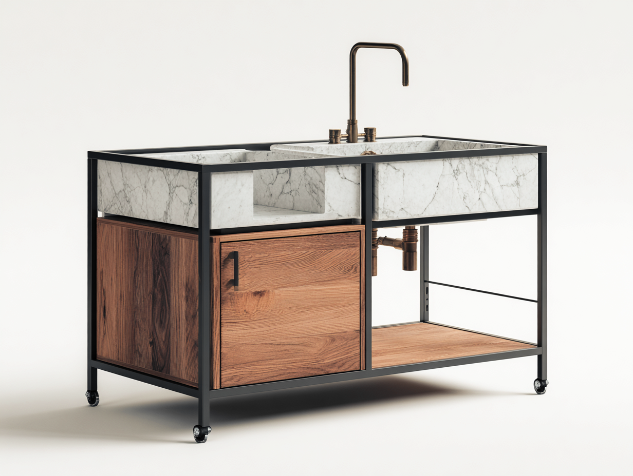 Outdoor Kücheninseln Metall Stein Holz 120x60x90 cm - Schwarz Braun Weiß - modernes Design für Außenbereich-Pineuppad